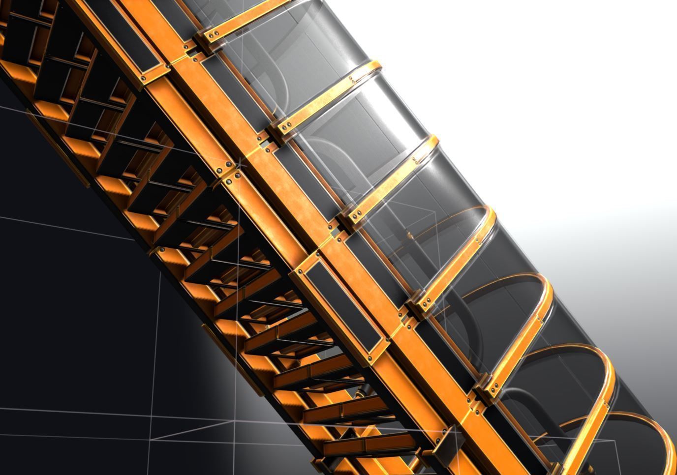 Modular Stairs Collection Orange Painted Metal Low-poly 3D model_16