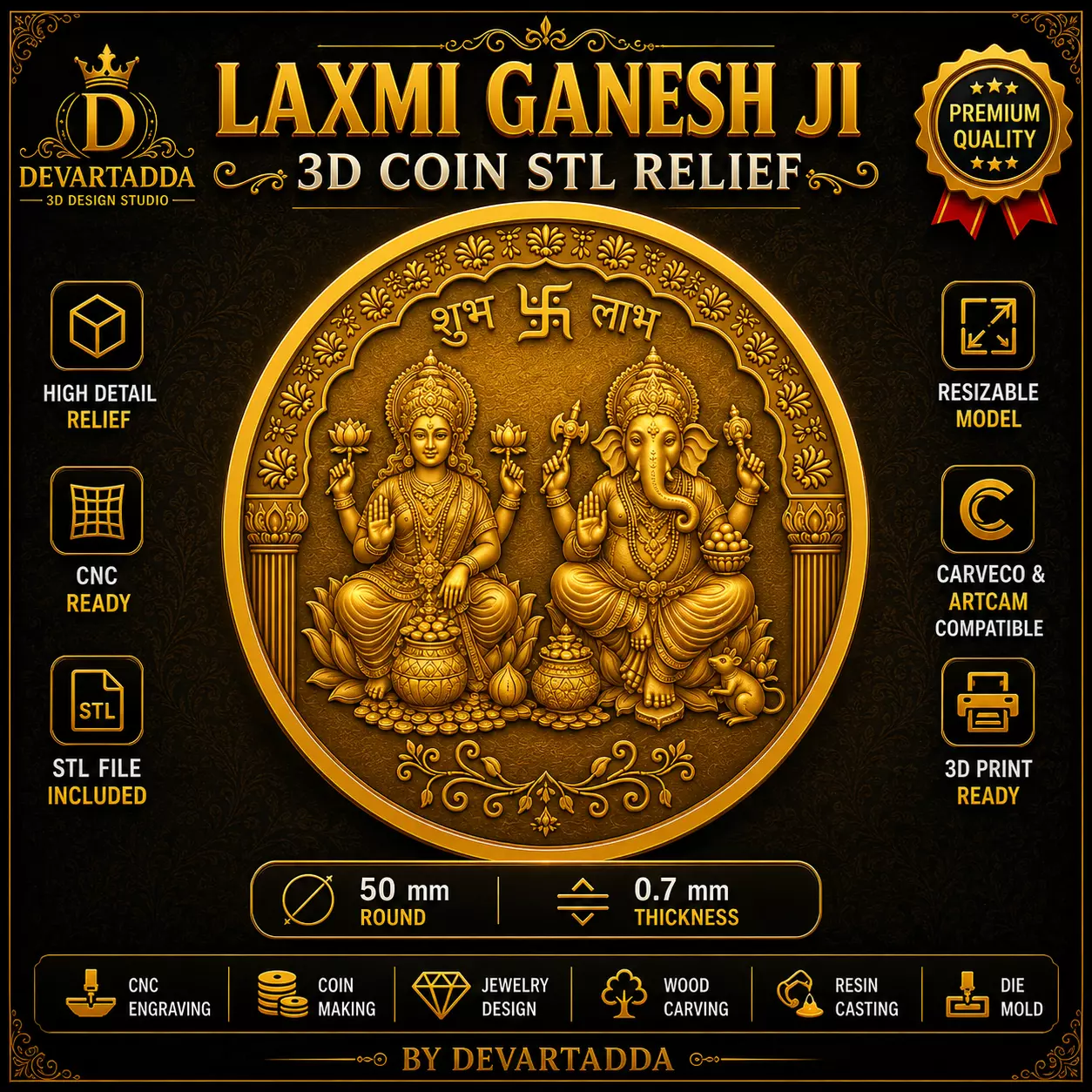 Lakshmi Ganesh Ji Coin 3D Relief STL Model 3D print model