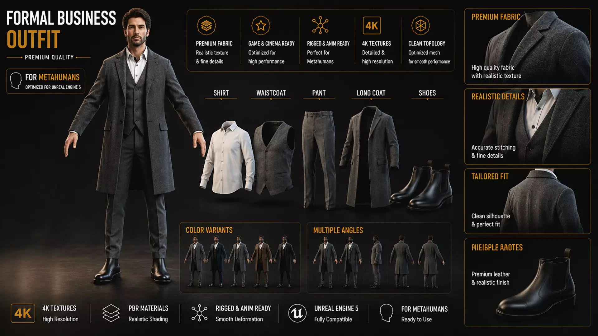 Business Formal Outfit v3 - Metahuman Compatible Low-poly 3D model