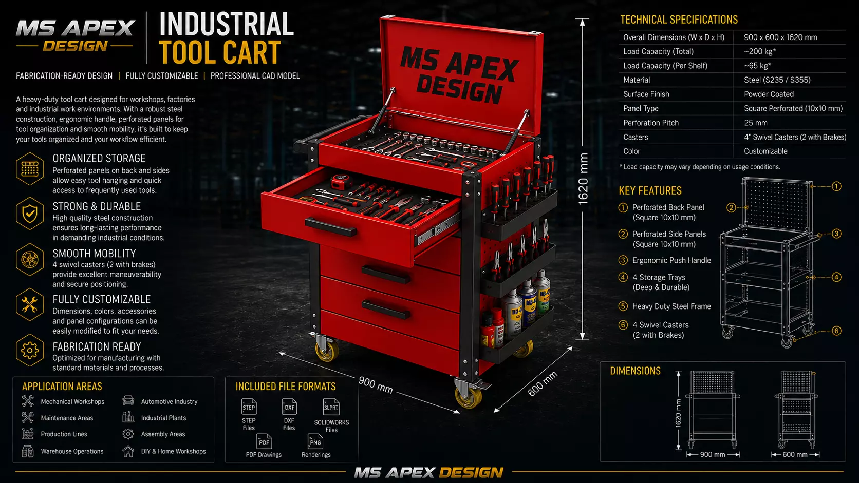 Industrial Drawer Tool Cart CAD Model STEP DXF SLDASM 3D model