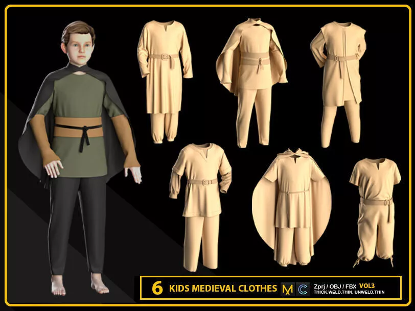 6 KIDS MEDIEVAL CLOTHES 3D model