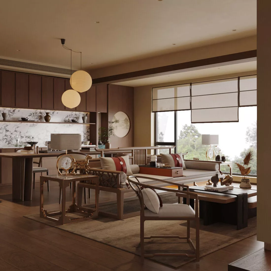 Chinese style living and dining room 3D model