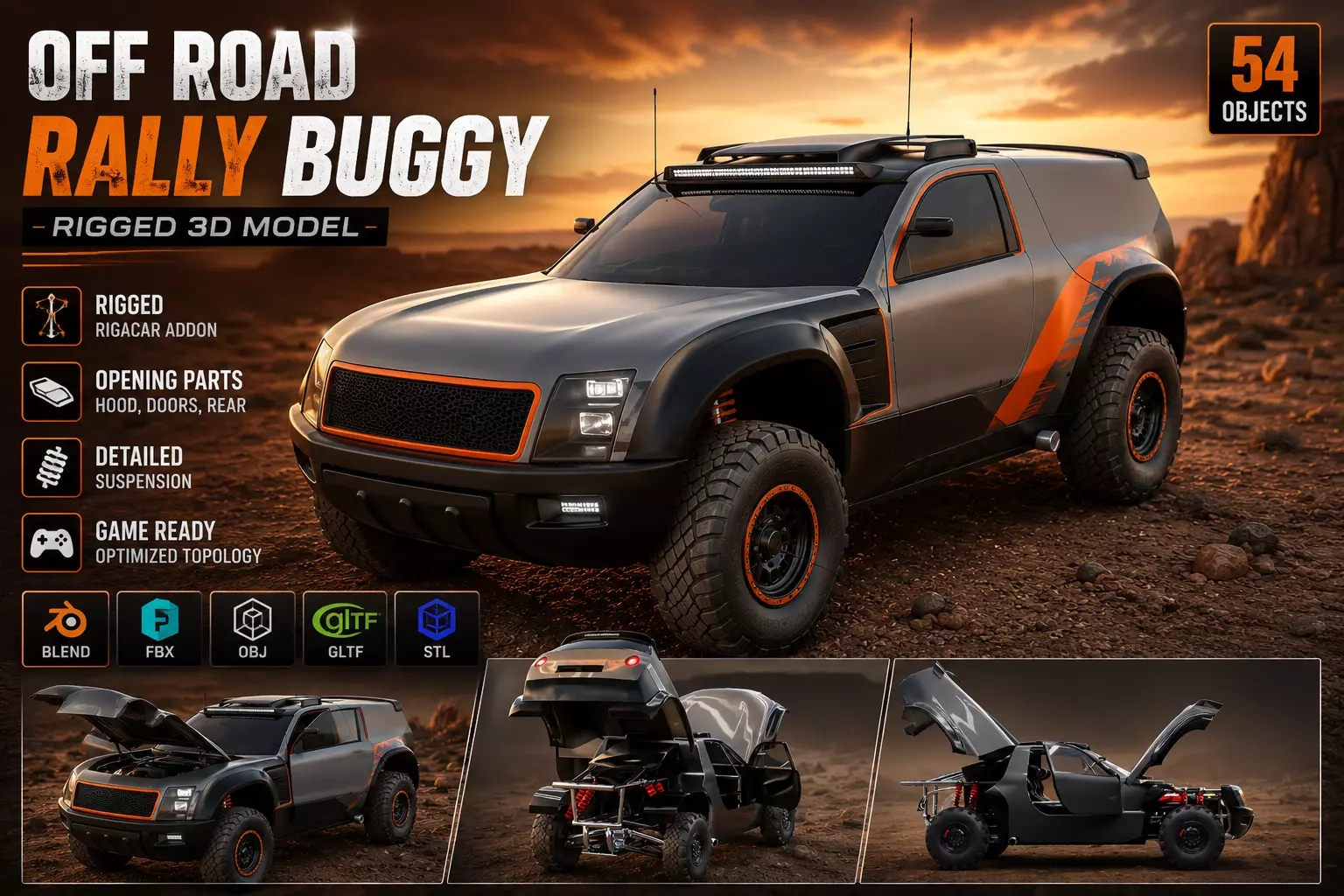 Rigged Off Road Rally Buggy Car 3D Model with Opening Parts Low-poly 3D model