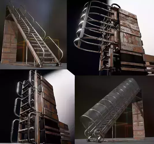 Modular Ladders and Stairs Package Rusty Version Low-poly 3D model