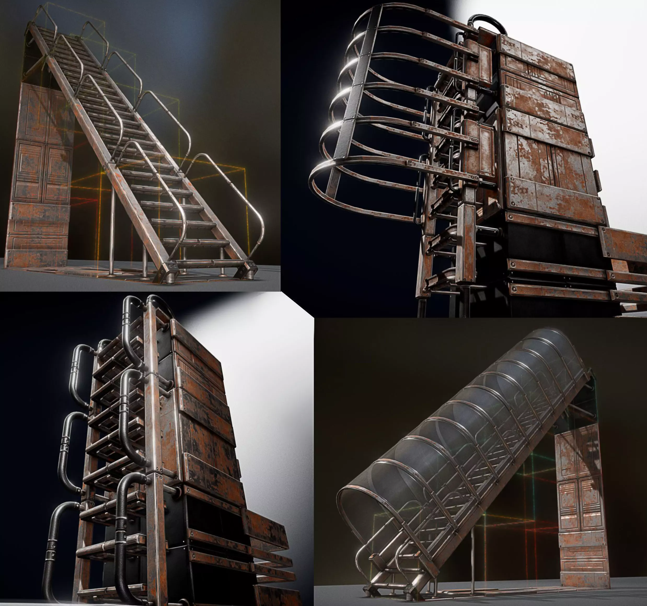 Modular Ladders and Stairs Package Rusty Version Low-poly 3D model_0