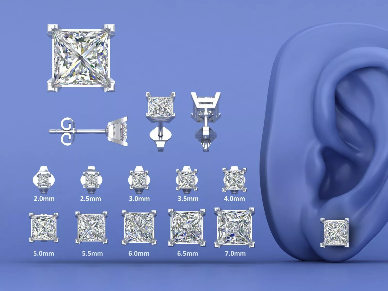 Classic Princess Cut 4 Prong Stud Earrings Printable CAD Models 3D print model