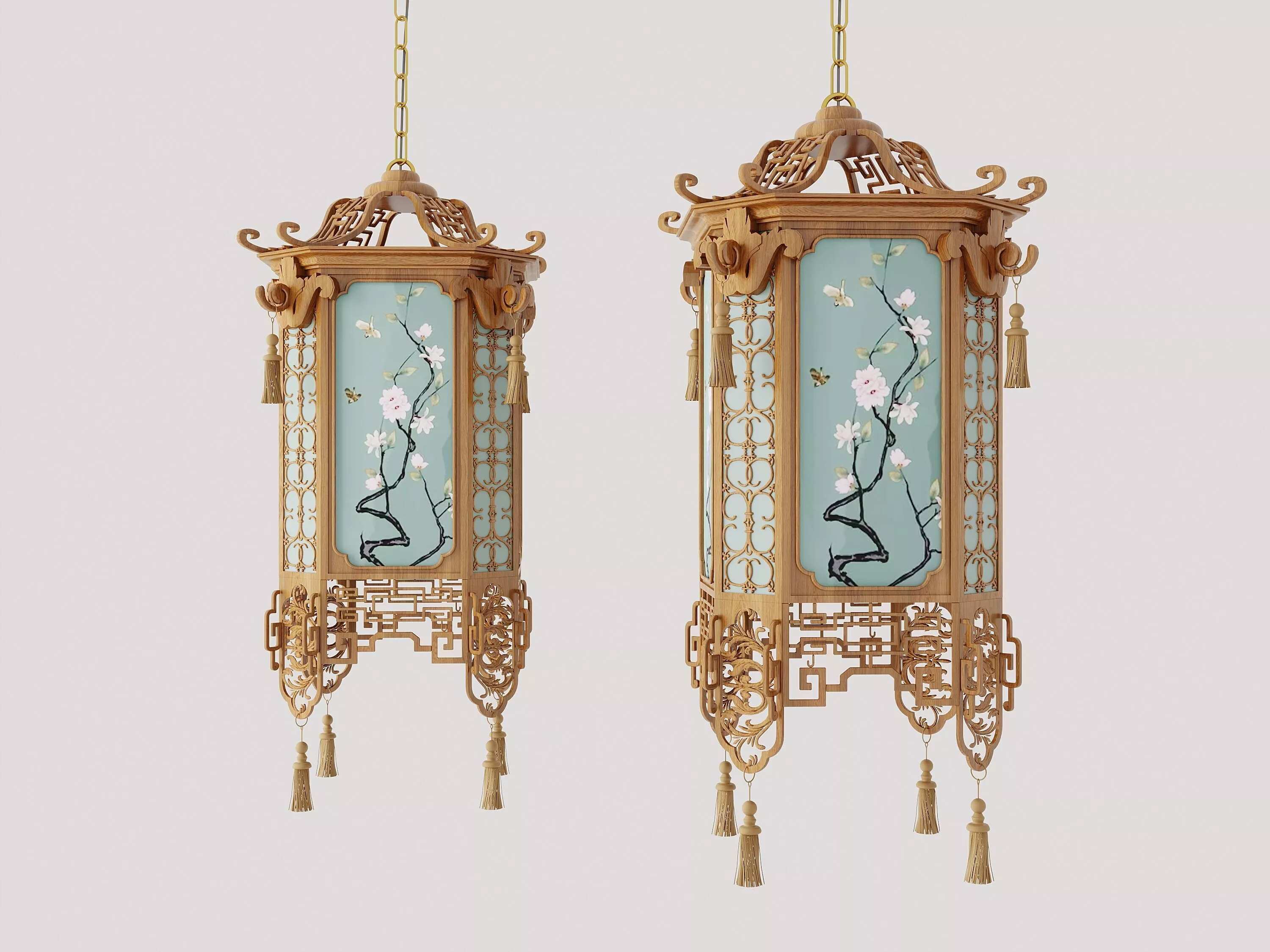 Chinese Palace Lantern Chandelier Oriental Wooden Pendant Light 3D model
