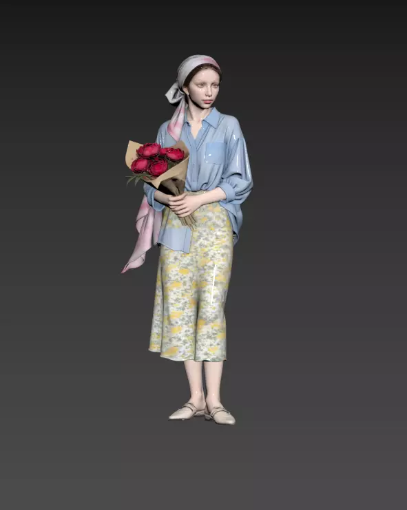 B91- Chinese Style Scene - Girl Holding Flowers 3D model