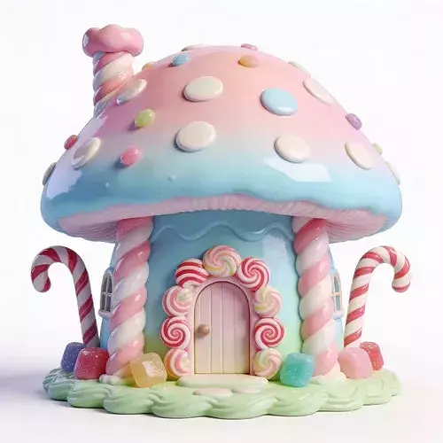 Glossy Pastel Candy Mushroom Cottage 3D Model