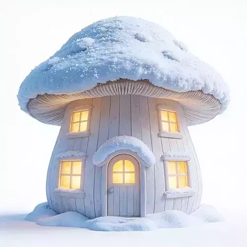 Cozy Snowy Wooden Mushroom Cabin 3D Model