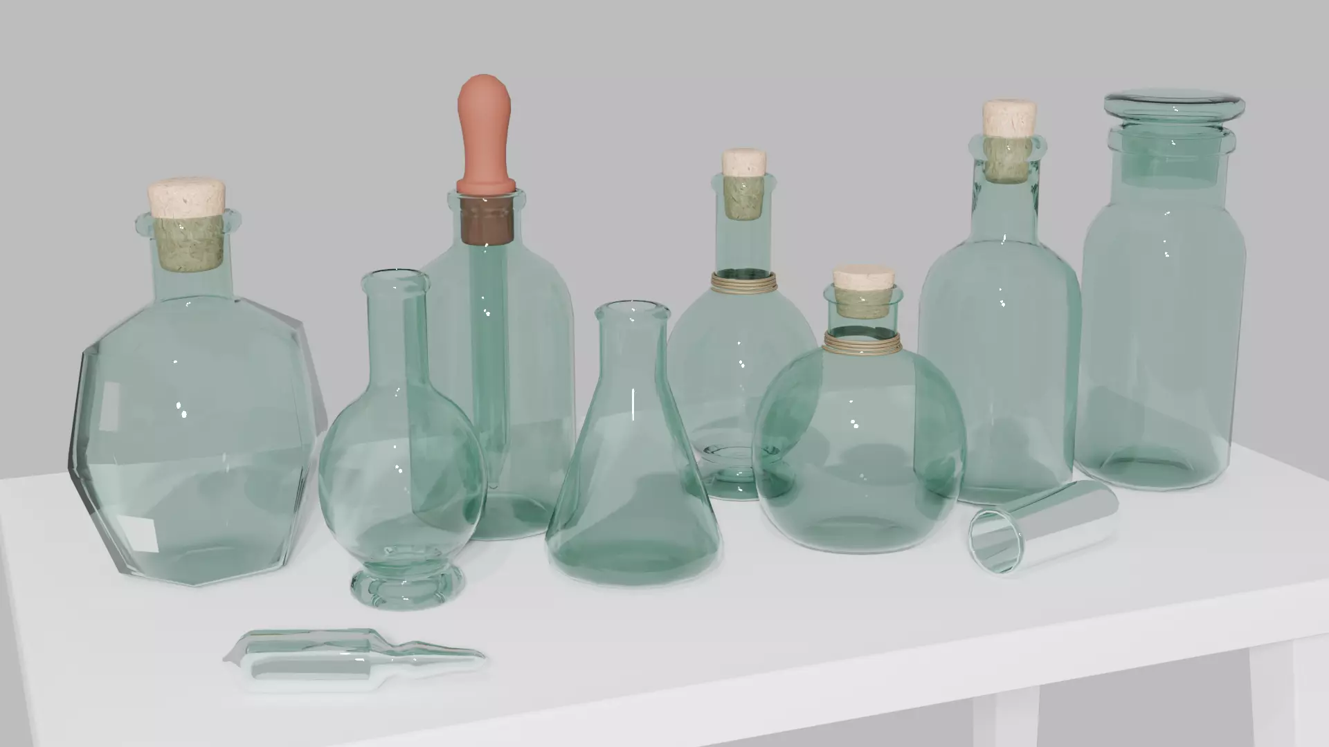 Glass Bottle Set - 10 Laboratory Bottles and Flasks 3D model