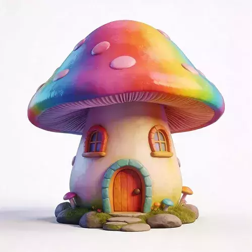 Vibrant Stylized Rainbow Mushroom House 3D Model