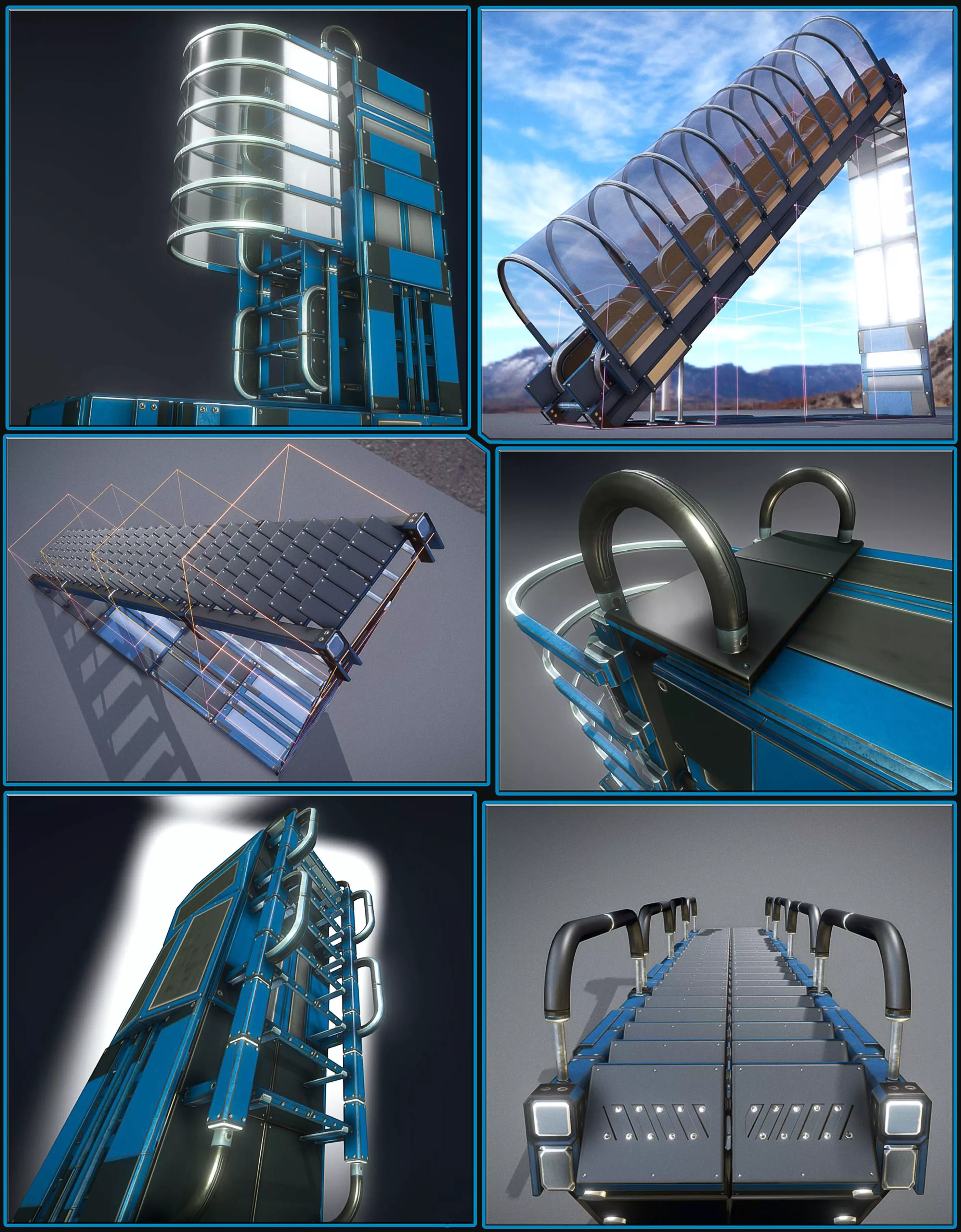 Futuristic Ladders and Stairs Package Blue Version Low-poly 3D model_0