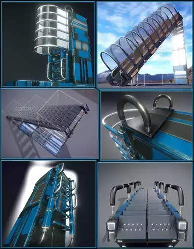 Futuristic Ladders and Stairs Package Blue Version Low-poly 3D model
