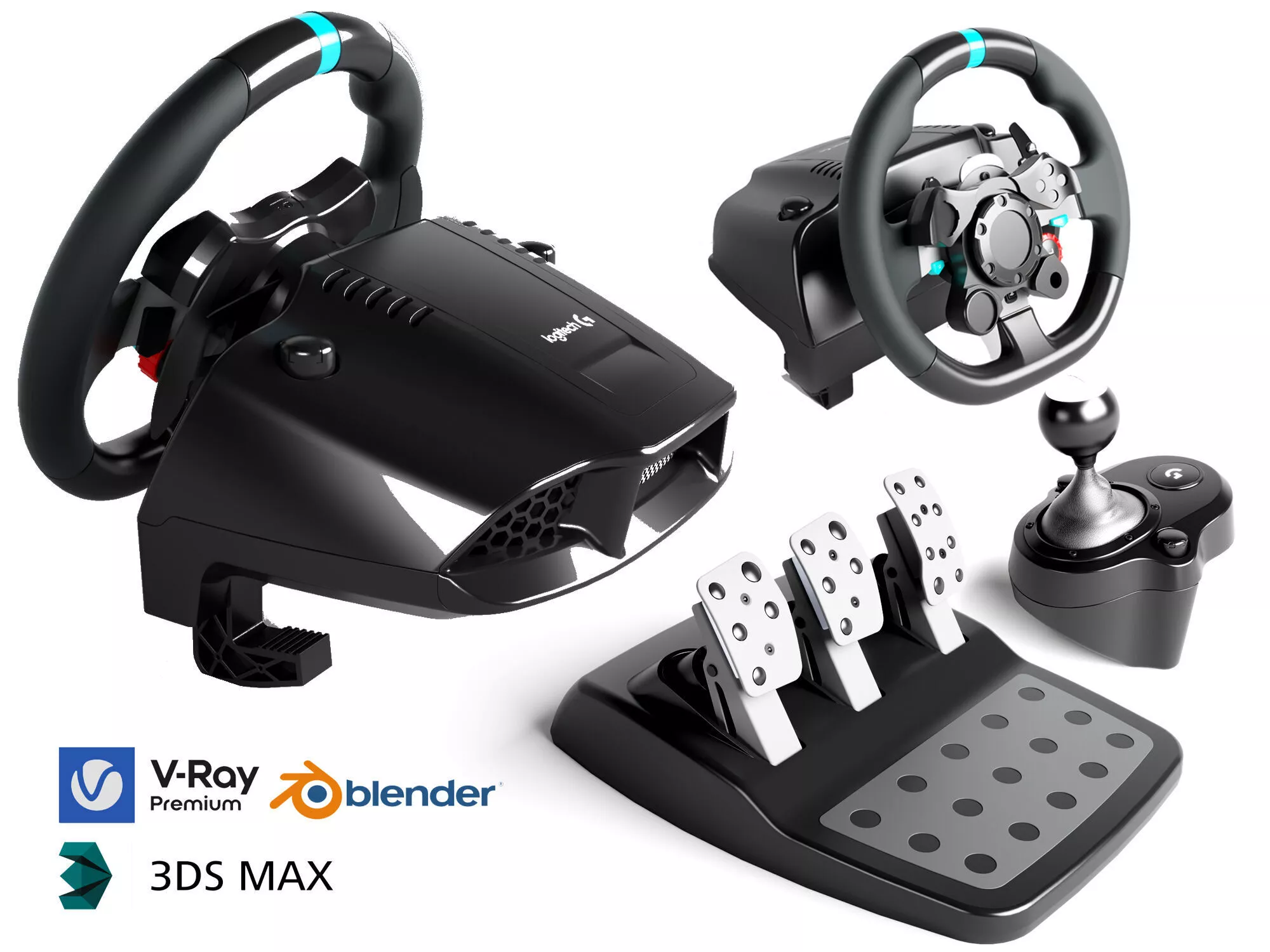 Professional racing steering wheel pedal and shifter simulator Low-poly 3D model