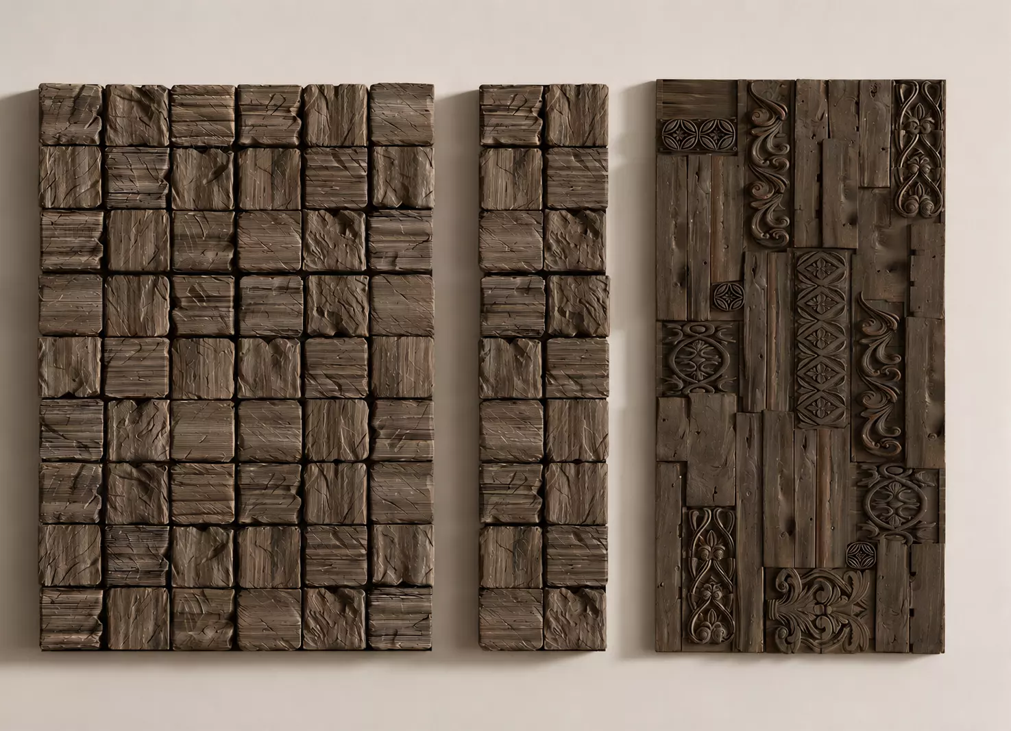 Rustic Carved Wood Wall Panel Set 3D model