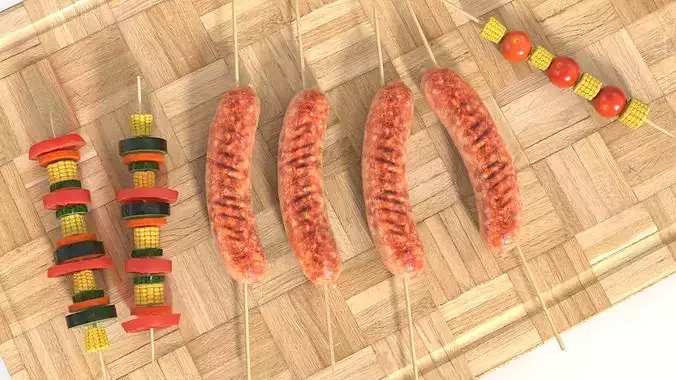 BBQ Sausages And Vegetable Skewer 3D model 6