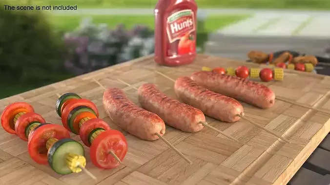 BBQ Sausages And Vegetable Skewer 3D model 4