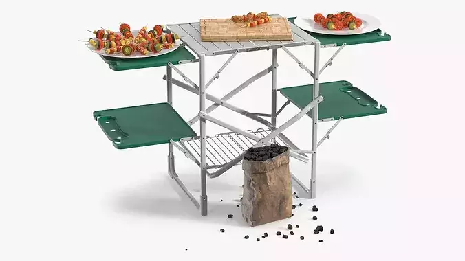 Folding Grill Table with Cutting Board and Charcoal Starter 3D model