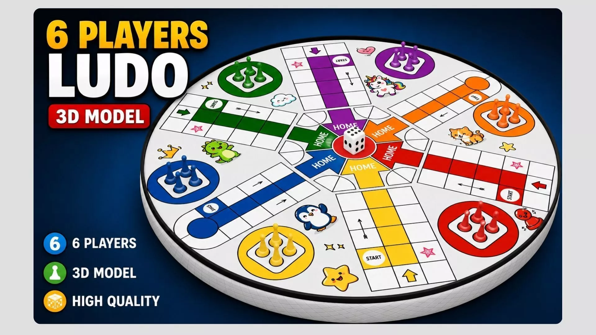 6 Players Ludo Board Game 3D Model 3D model