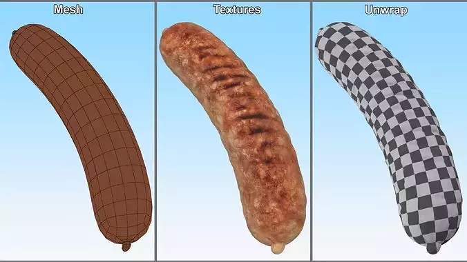 Lightly Grilled Meat Sausage Rustic 3D model 7