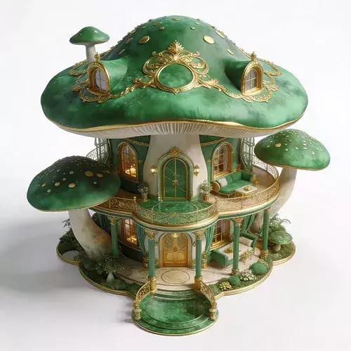 Stylized 3D Luxury Emerald and Gold Mushroom Villa