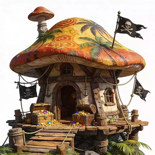 Tropical Pirate Treasure Mushroom Hut 3D Model