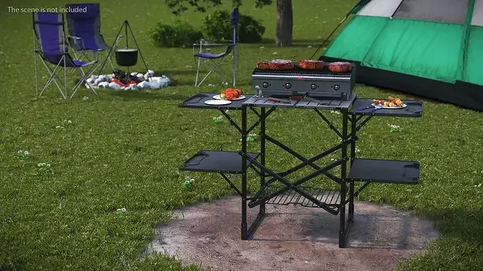 Multi-Level Outdoor Cooking Table with Grill and Tools 3D model 2
