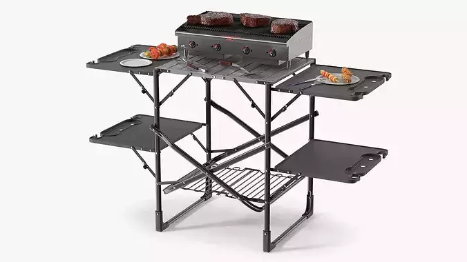 Multi-Level Outdoor Cooking Table with Grill and Tools 3D model
