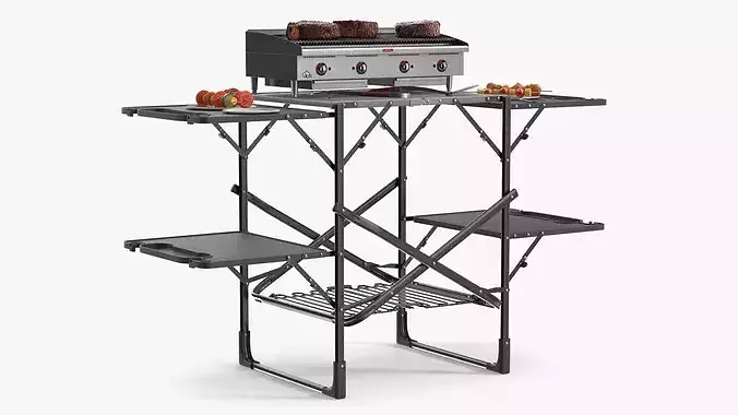 Multi-Level Outdoor Cooking Table with Grill and Tools 3D model 7