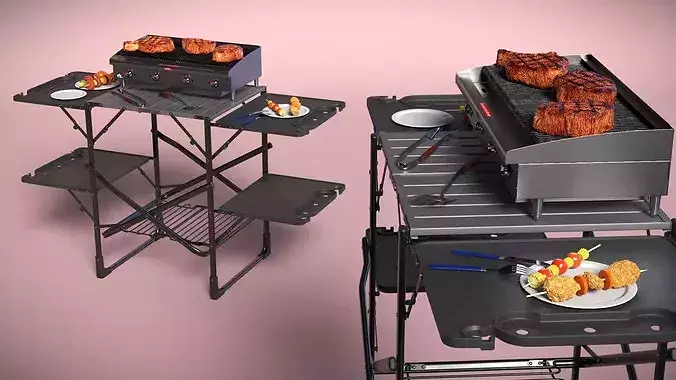 Multi-Level Outdoor Cooking Table with Grill and Tools 3D model 6