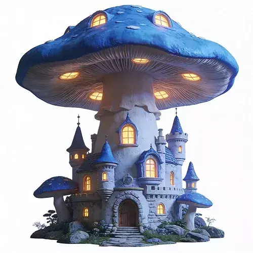 Stylized Giant Blue Mushroom Castle 3D Model