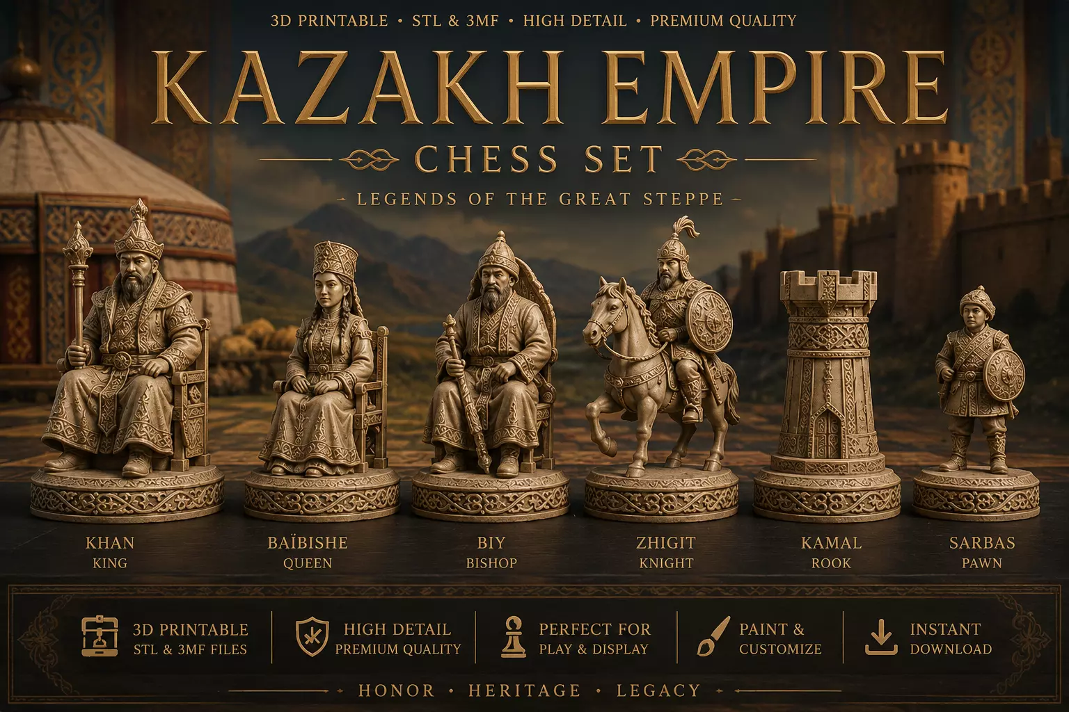Kazakh Empire Chess Set 3D print model