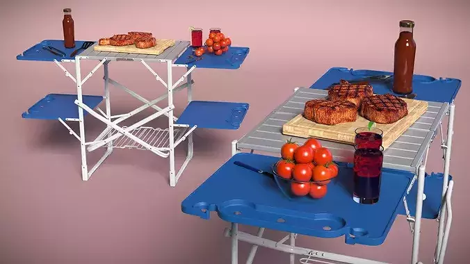 Camping Grill Table with Steak and BBQ Tools Blue 3D model 5