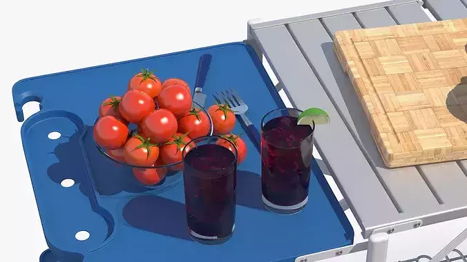 Camping Grill Table with Steak and BBQ Tools Blue 3D model 7