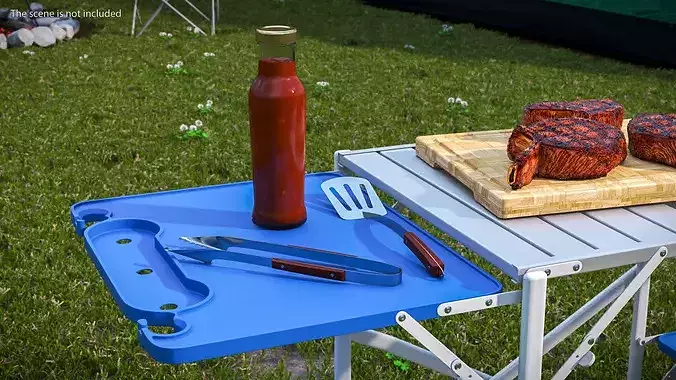 Camping Grill Table with Steak and BBQ Tools Blue 3D model 3