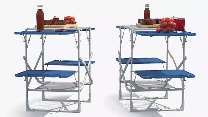 Camping Grill Table with Steak and BBQ Tools Blue 3D model 6