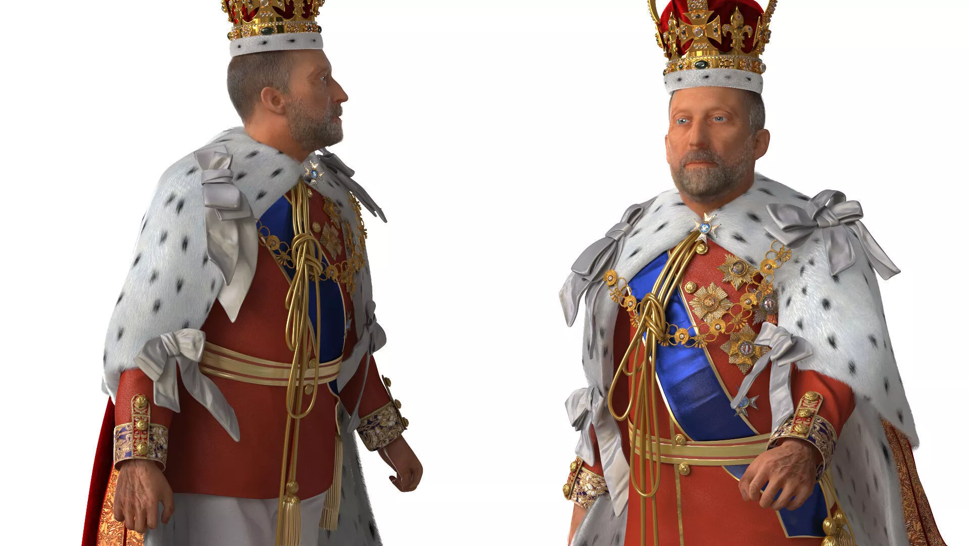 Medieval Monarchs Wearing Robe and Crown Fur Rigged 3D model