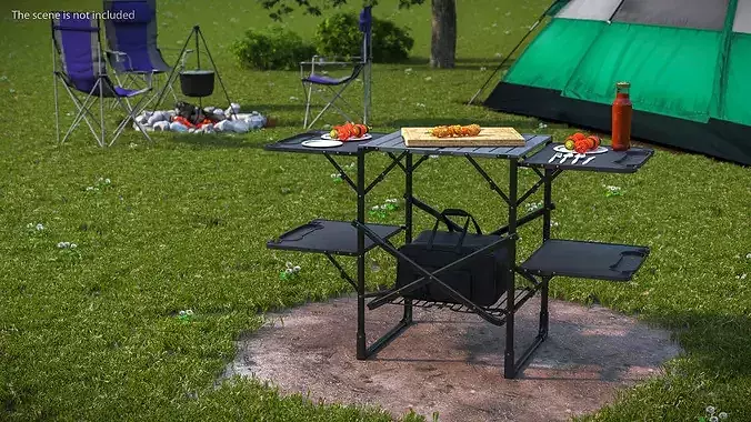 Outdoor Cooking Table with Sauce Bottle and Cooler Bag Black 3D model 3