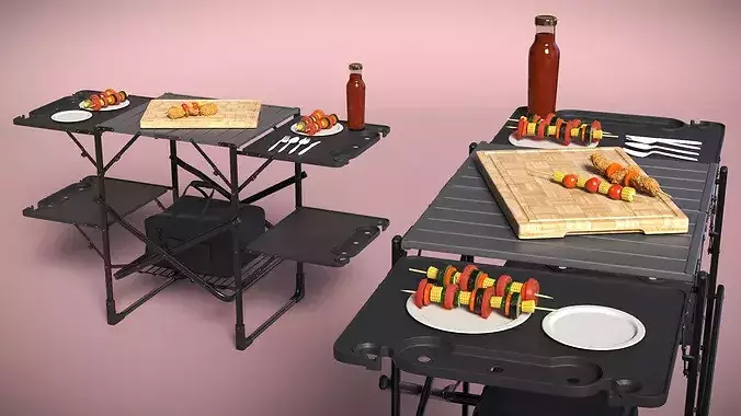 Outdoor Cooking Table with Sauce Bottle and Cooler Bag Black 3D model 7