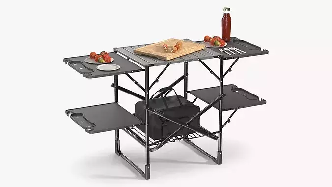 Outdoor Cooking Table with Sauce Bottle and Cooler Bag Black 3D model 2