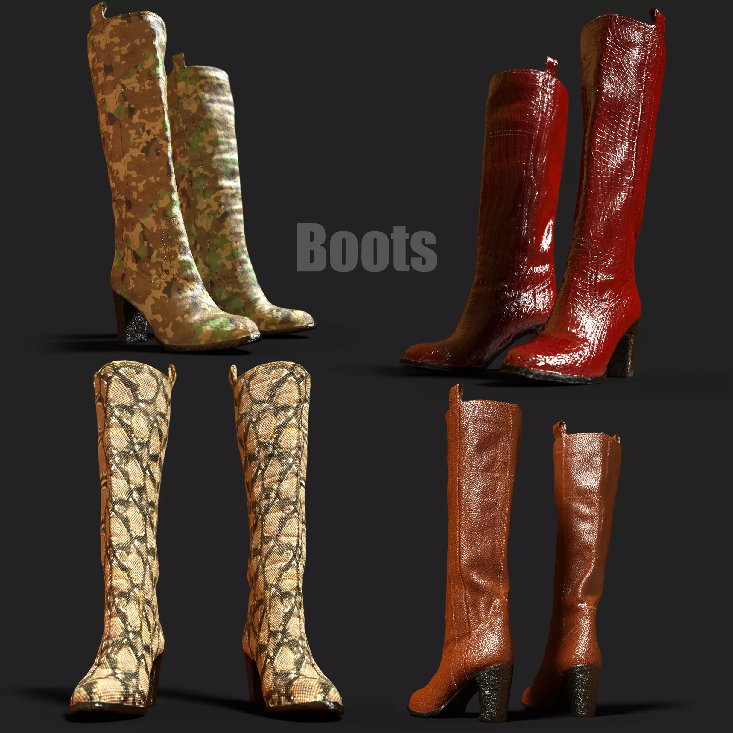 4 Realistic Boots PBR two snake skin Low-poly 3D model_0