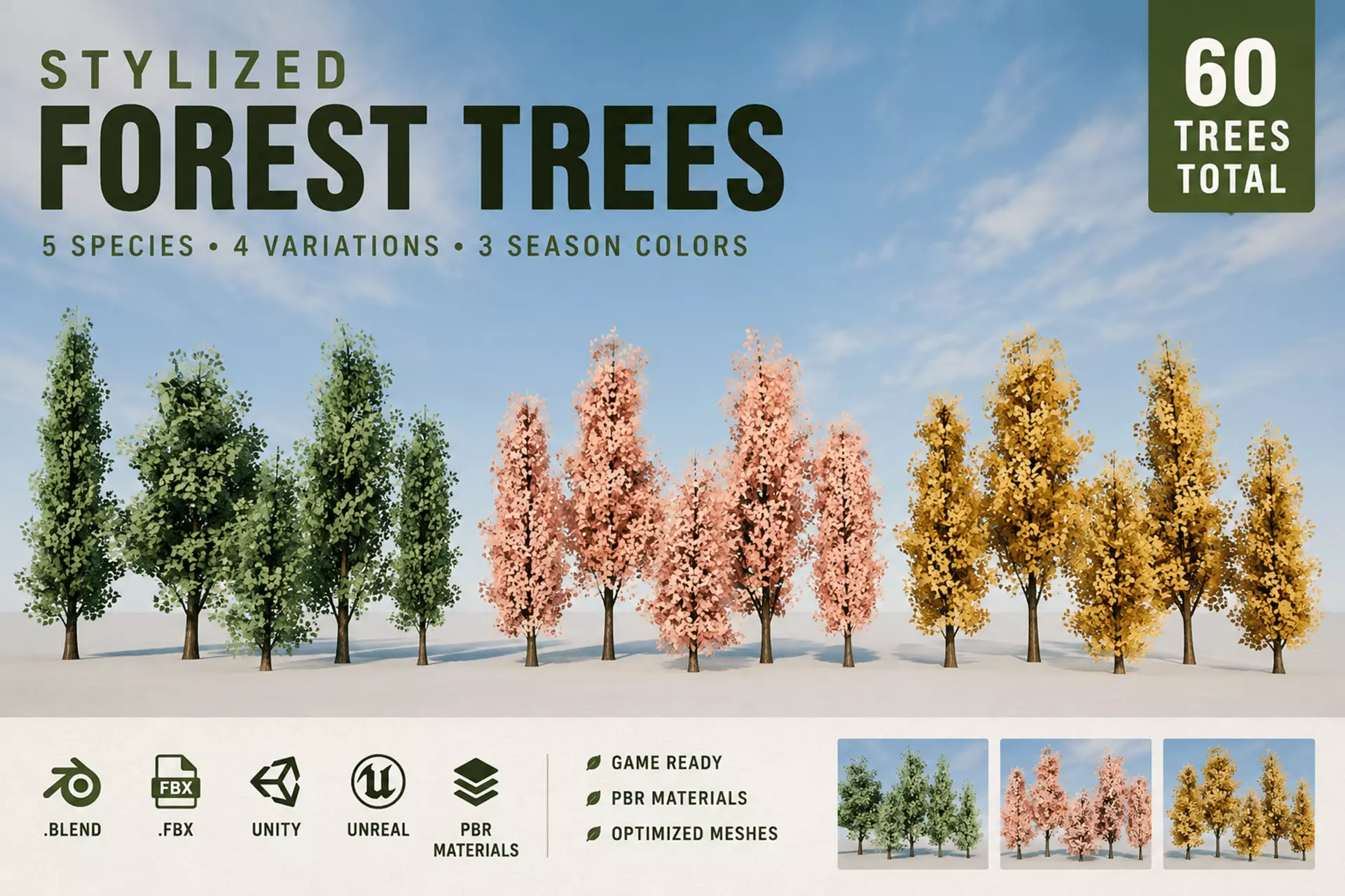 stylized Forest Tree Collection 60 Variations low poly Low-poly 3D model