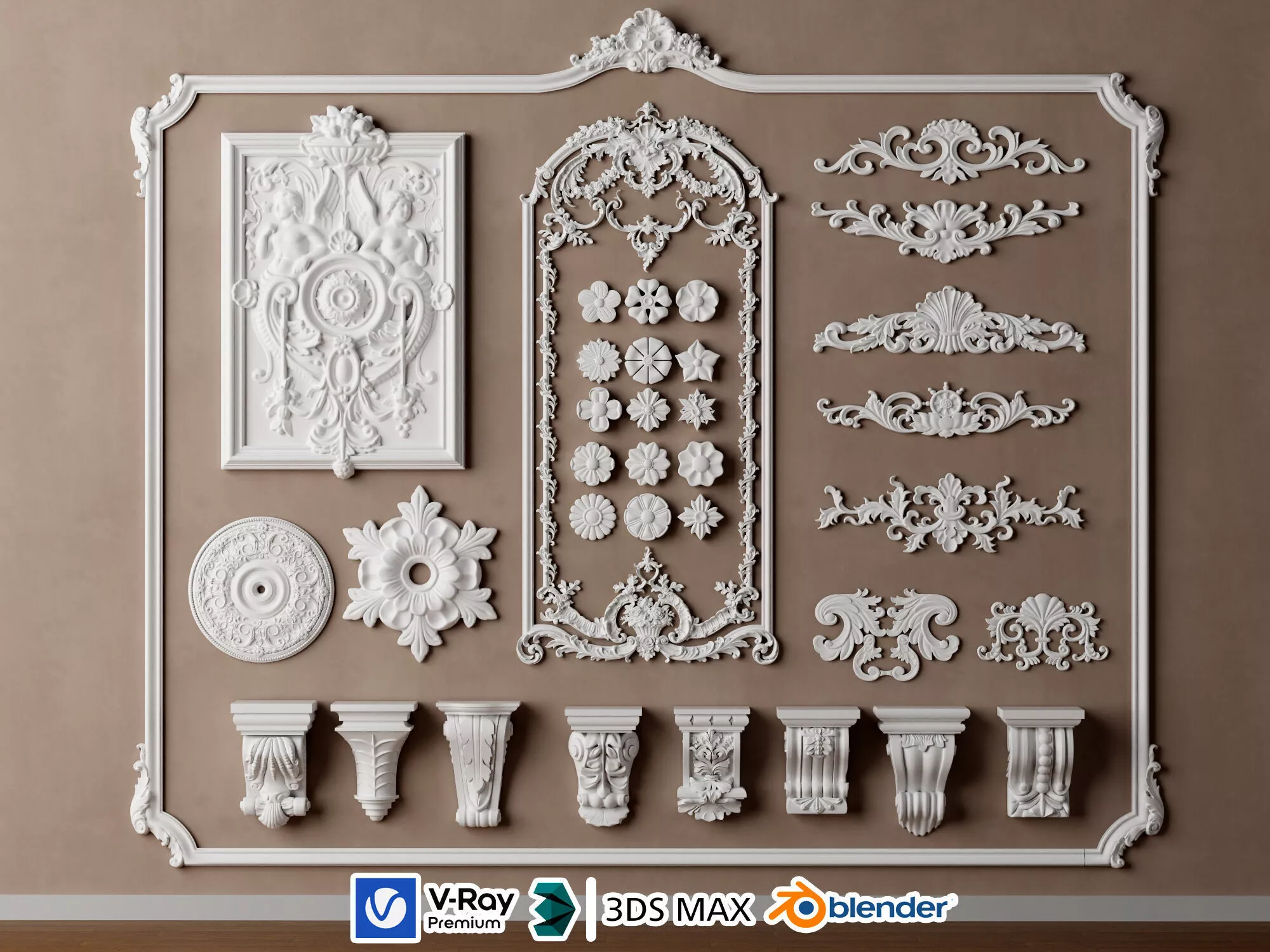 Classic Plaster Ornaments Wall Carvings Gypsum Moulding Decor 3D model
