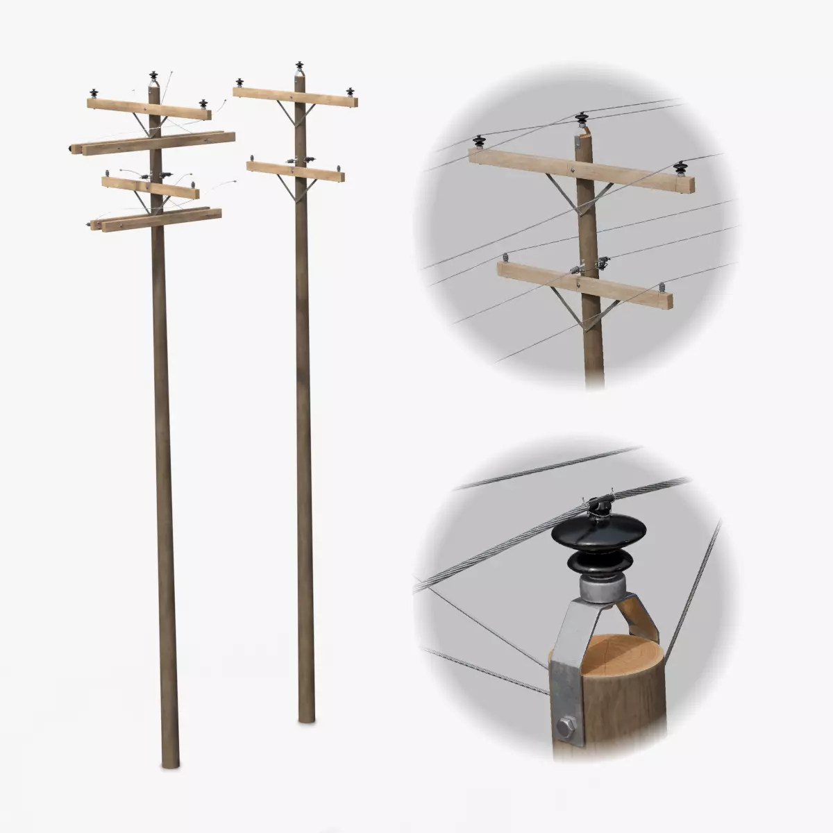 Utility Pole - Dark Wooden Mast with Double Crossarms 3D model
