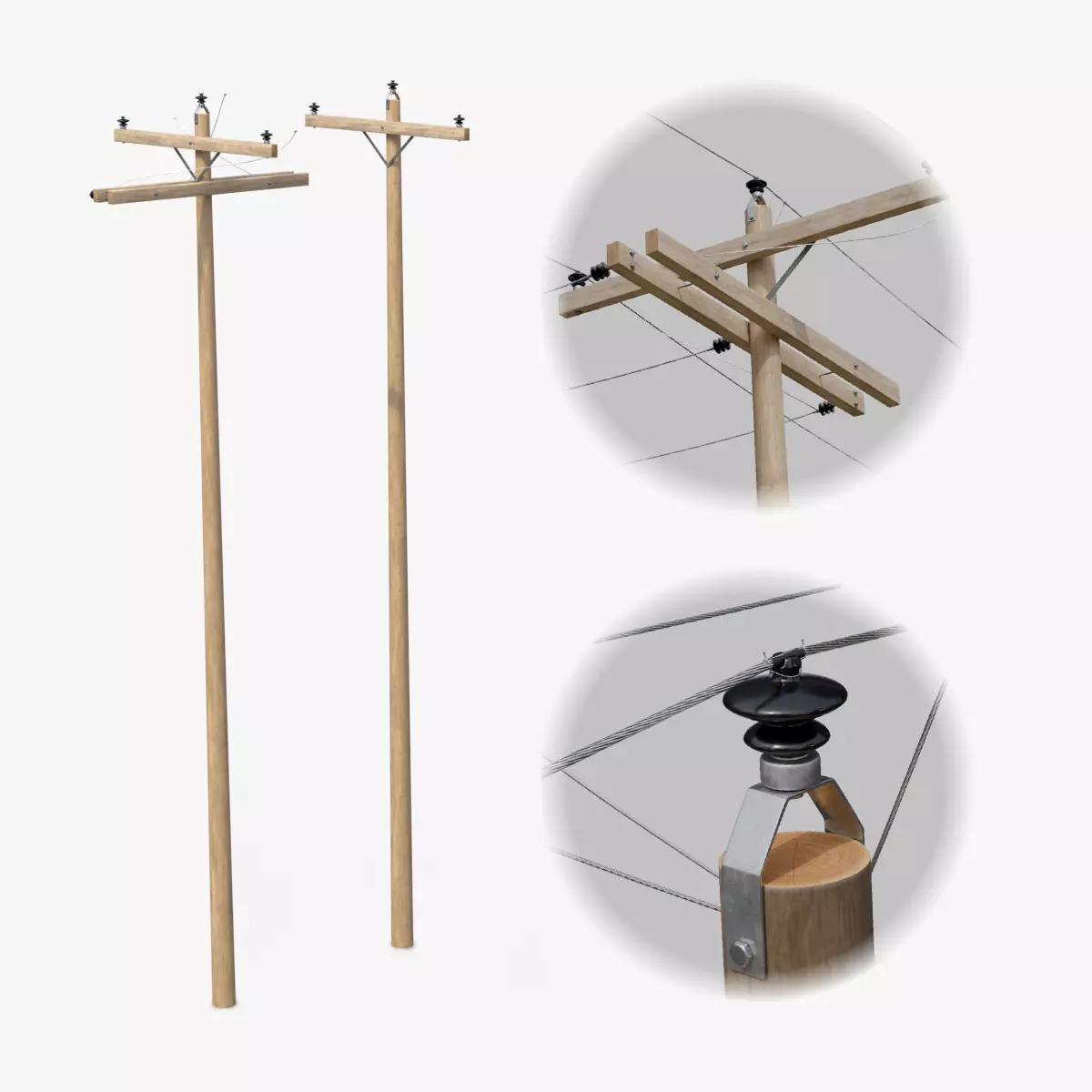 Utility Pole - Wooden Mast with Single Crossarms 3D model