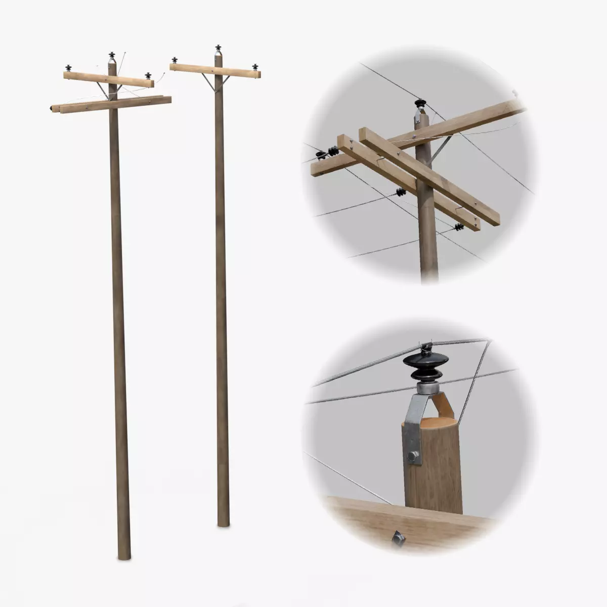 Utility Pole - Dark Wooden Mast with Single Crossarms 3D model
