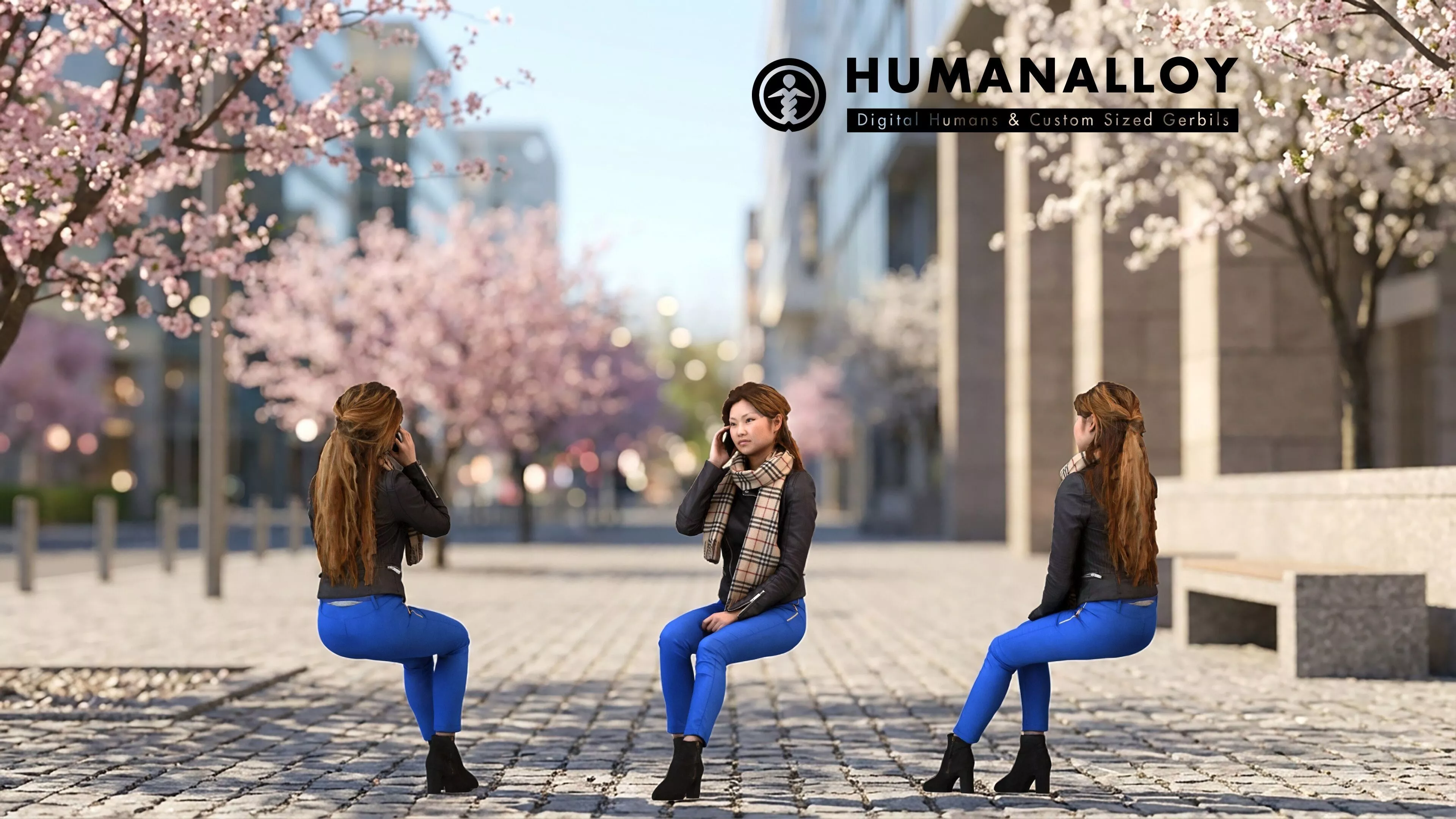 Adult Asian woman making phone call in public wearing 3D model