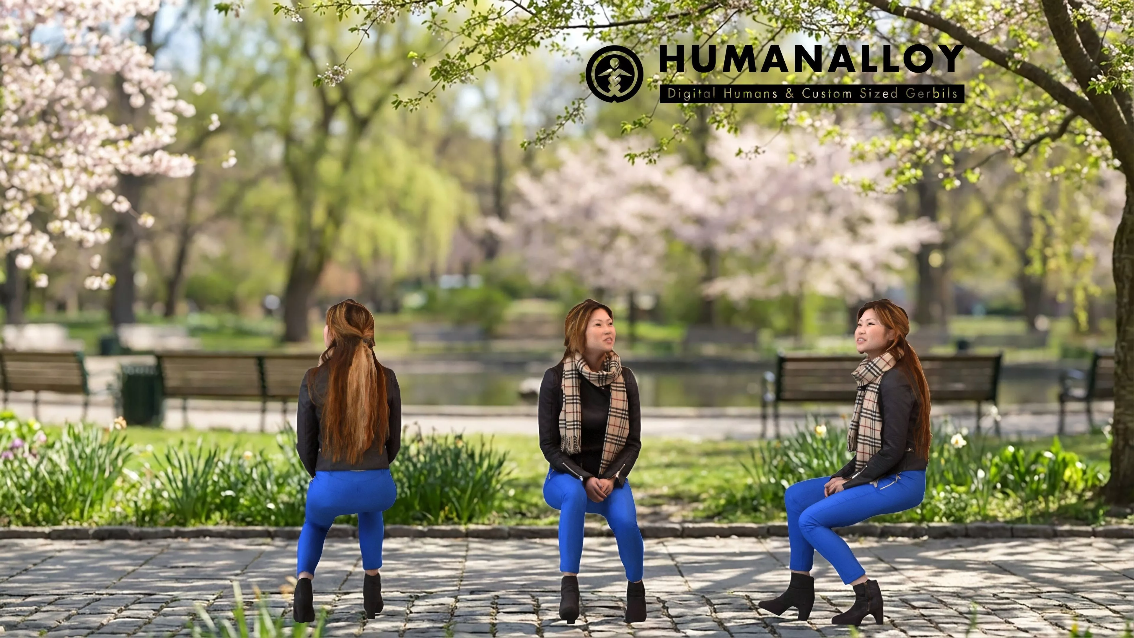 Adult Asian woman relaxing in public space wearing autumn or 3D model