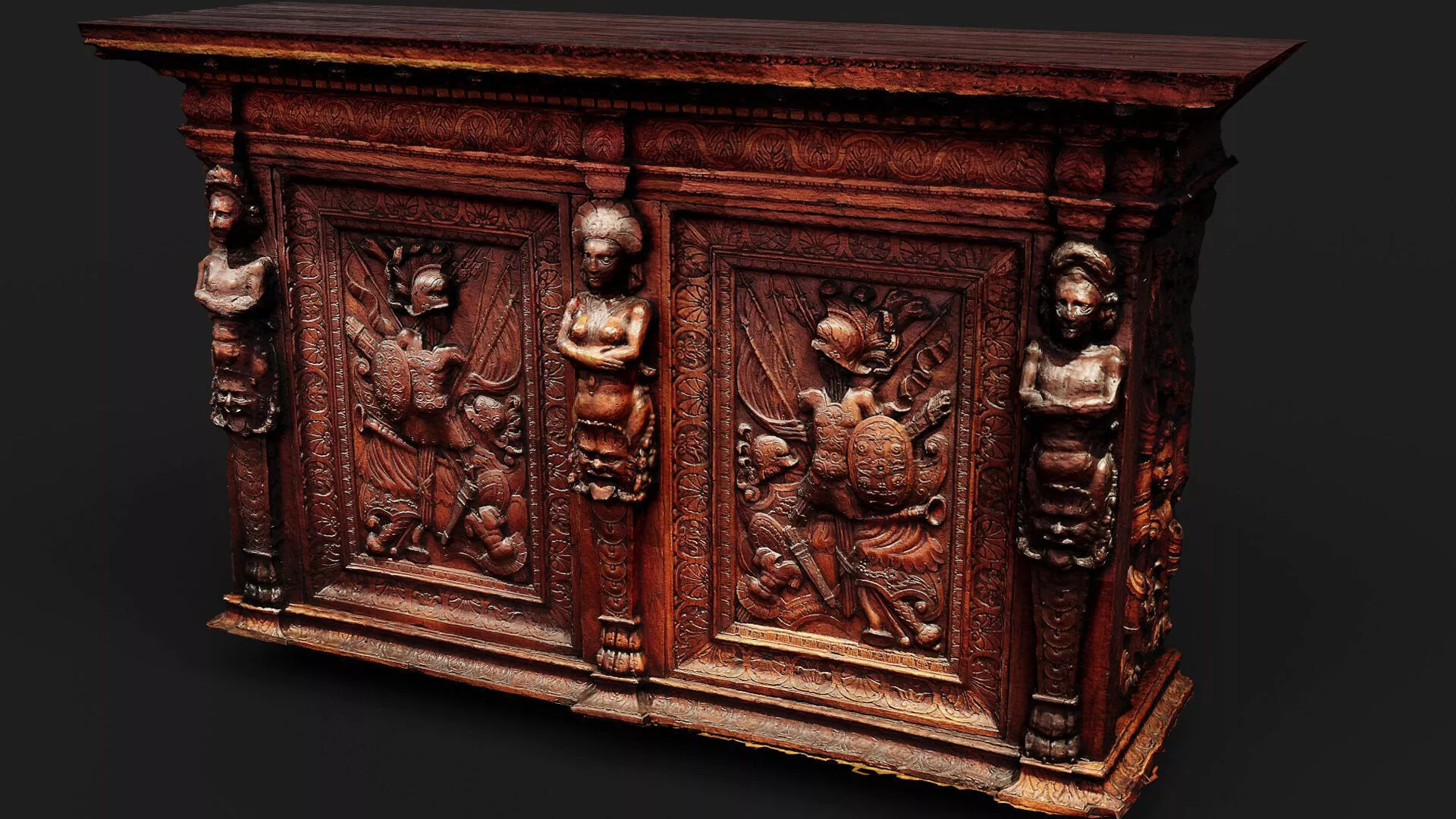 ancient wooden furniture ornaments PBR photogrammetry Low-poly 3D model
